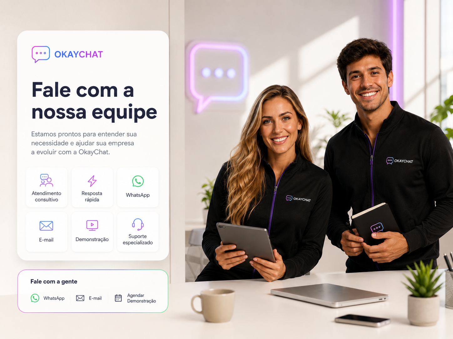 Equipe OkayChat apresentando os canais de contato