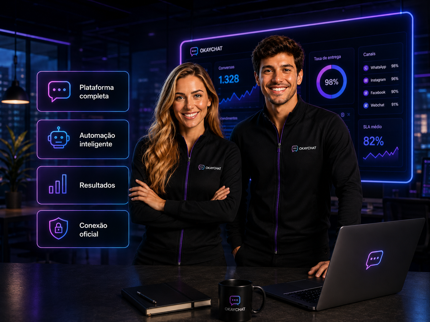 Equipe apresentando uma demonstração da plataforma OkayChat