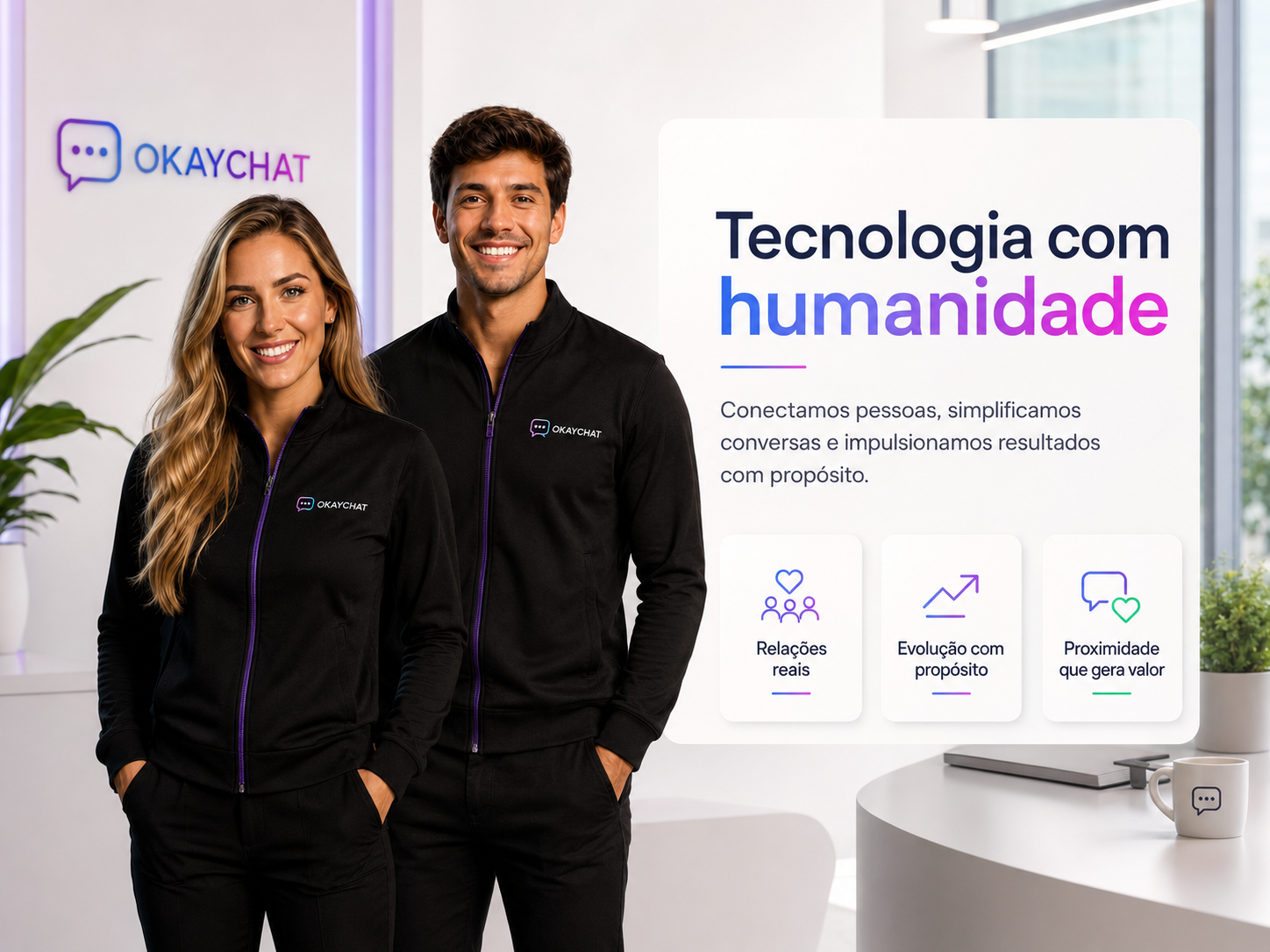 Manifesto OkayChat representando a conexão entre pessoas, empresas, inteligência artificial, atendimento e automação