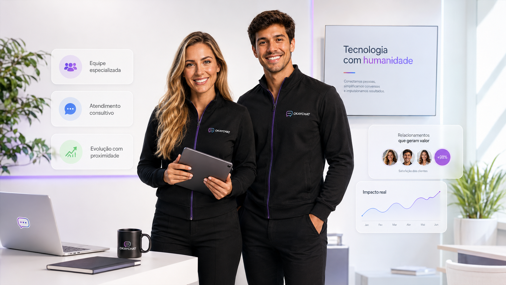 Ecossistema OkayChat conectando pessoas, empresas, atendimento, inteligência artificial, CRM e automações
