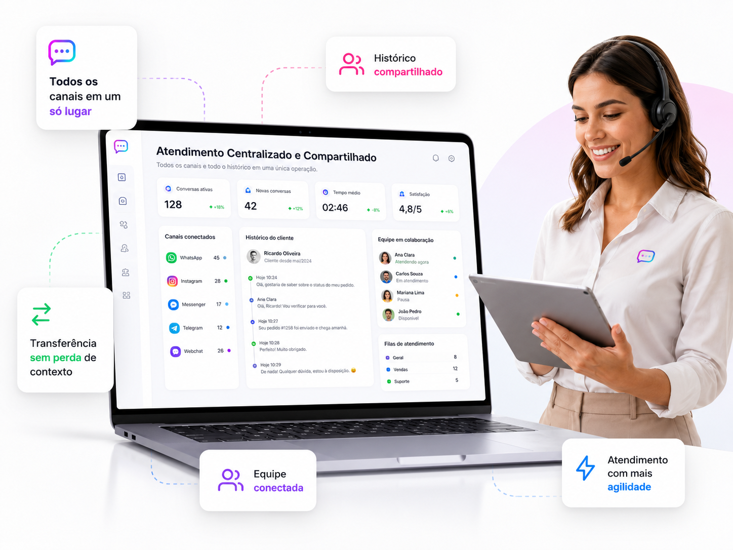 Notebook exibindo a central de atendimento compartilhado OkayChat