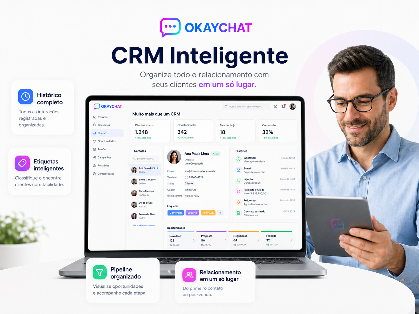Notebook exibindo a gestão de contatos do CRM OkayChat