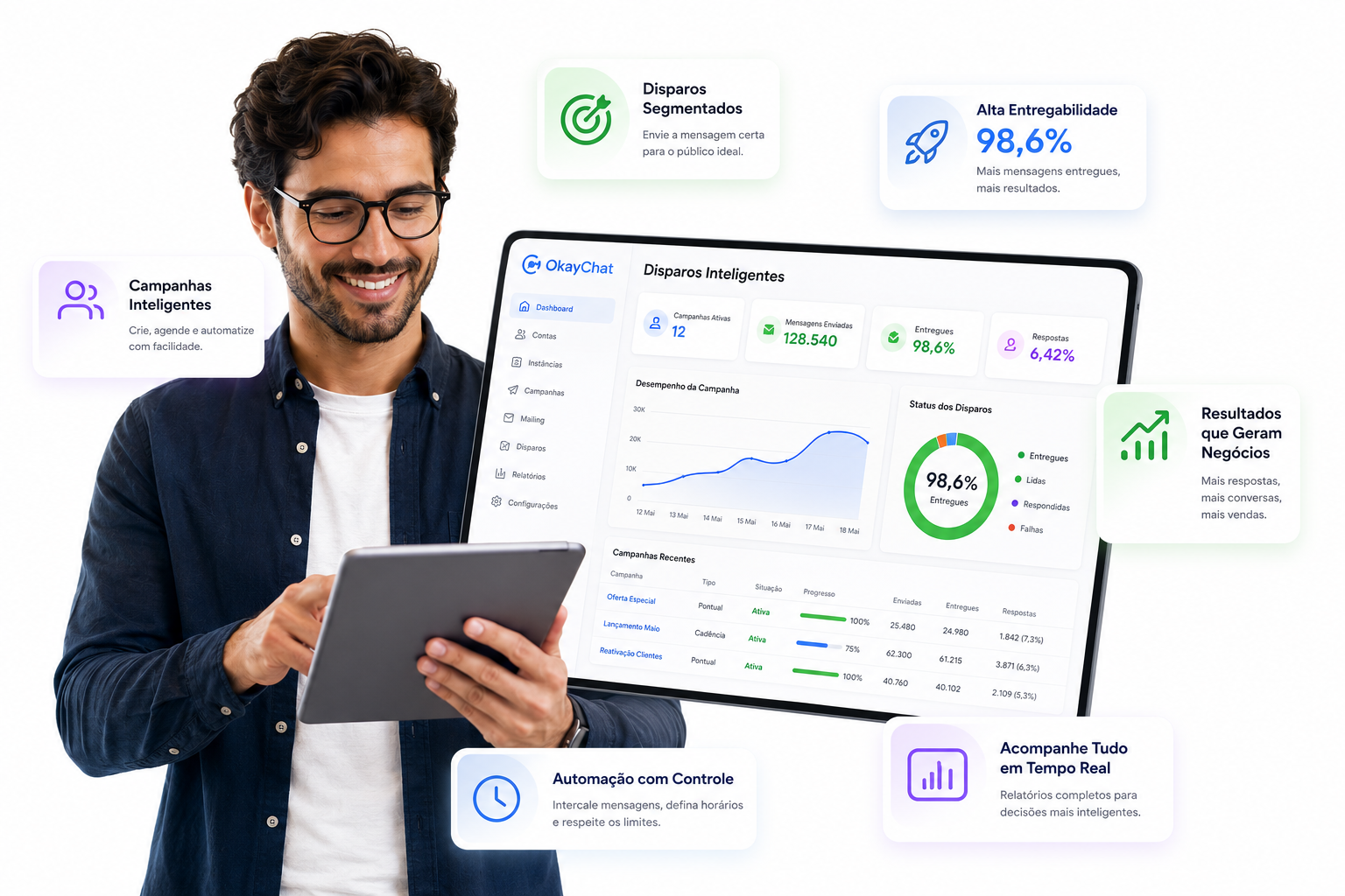 Notebook exibindo campanhas, fila de envios e aquecimento inteligente OkayChat